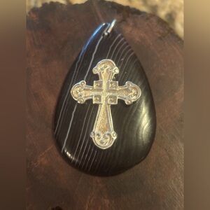 ONYX AGATE Stone w/ Iron Cross Large Pendant Statement Reversible UNISEX